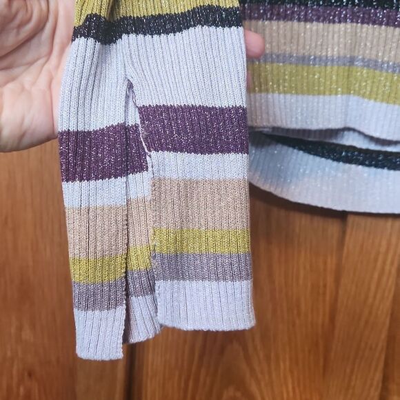 NEW Chaser Faux Wrap Metallic V-Neck Ribbed Sweater Small Black & Silver Stripes - Picture 3 of 9